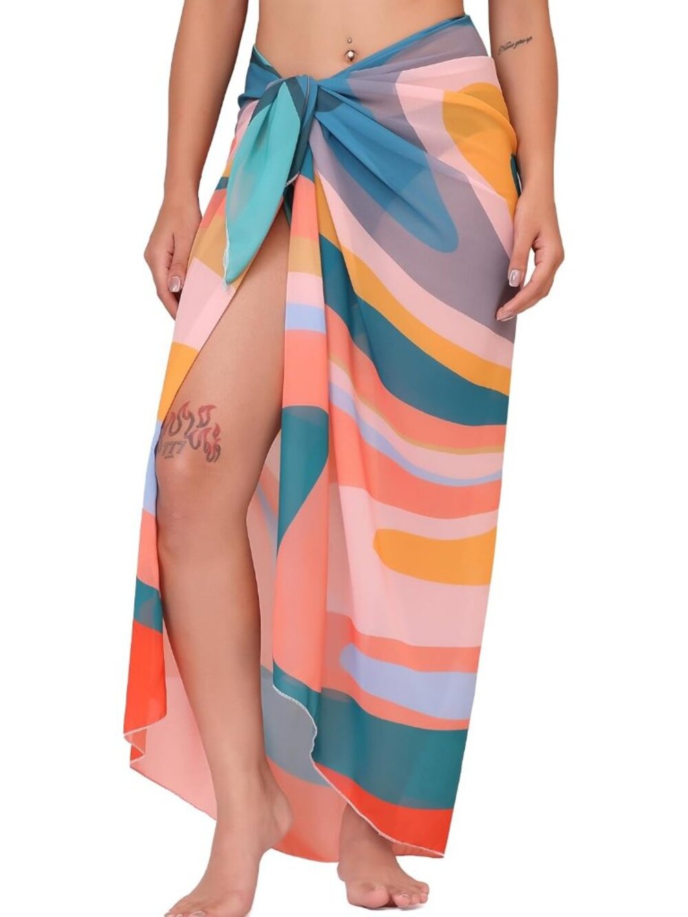 Women's Multicolor Lines Polyester Beach Sarong Chiffon And Sheer Bikini Wrap